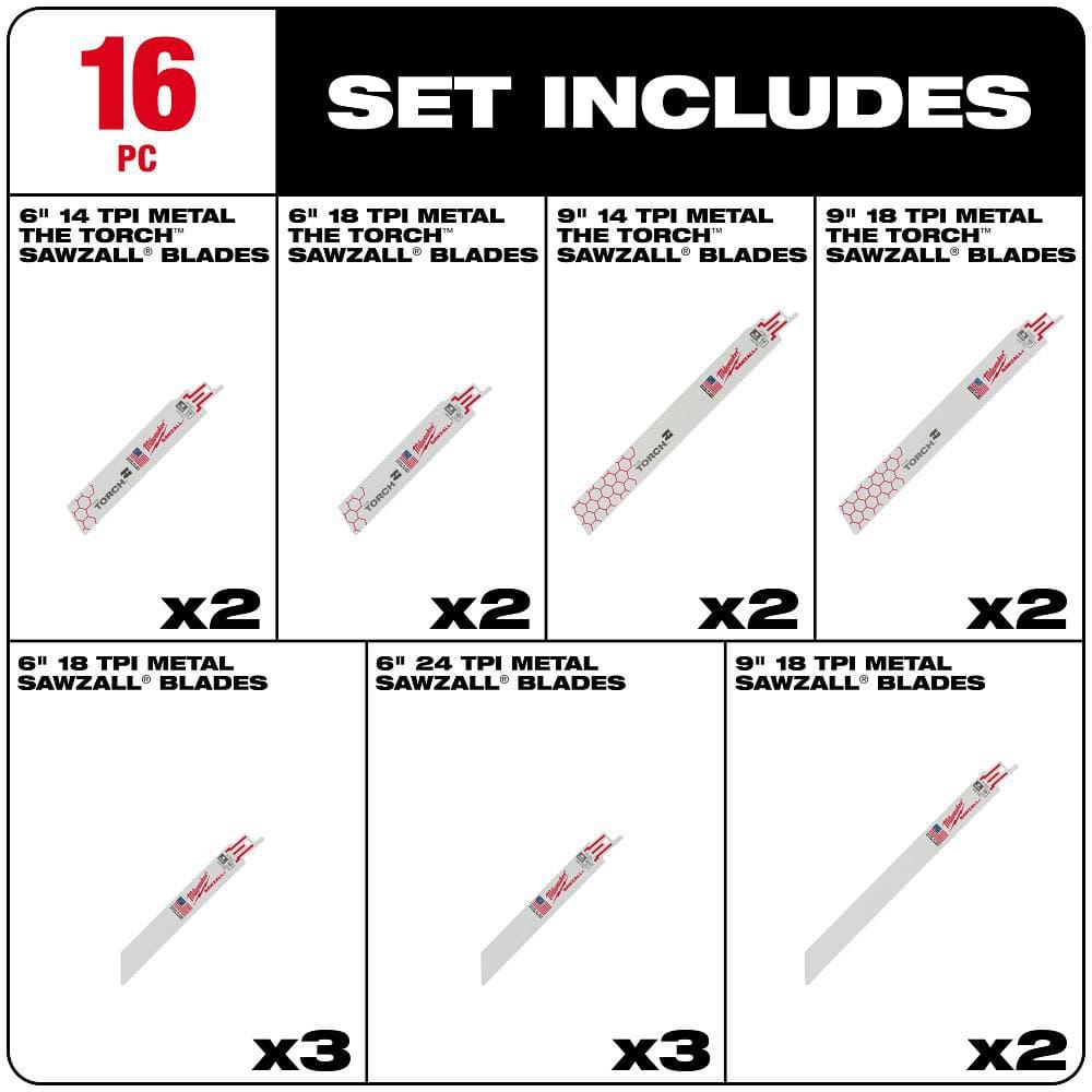 Milwaukee SAWZALL Metal Cutting Bi-Metal Reciprocating Blade Set, 16-Piece (Model 49-22-1216)