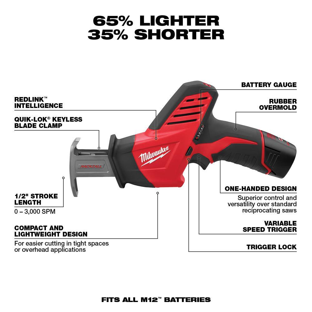 Milwaukee M12 12V Lithium-Ion HACKZALL Cordless Reciprocating Saw Kit with M12 3/8 in. Ratchet and 6.0 Ah XC Battery Pack