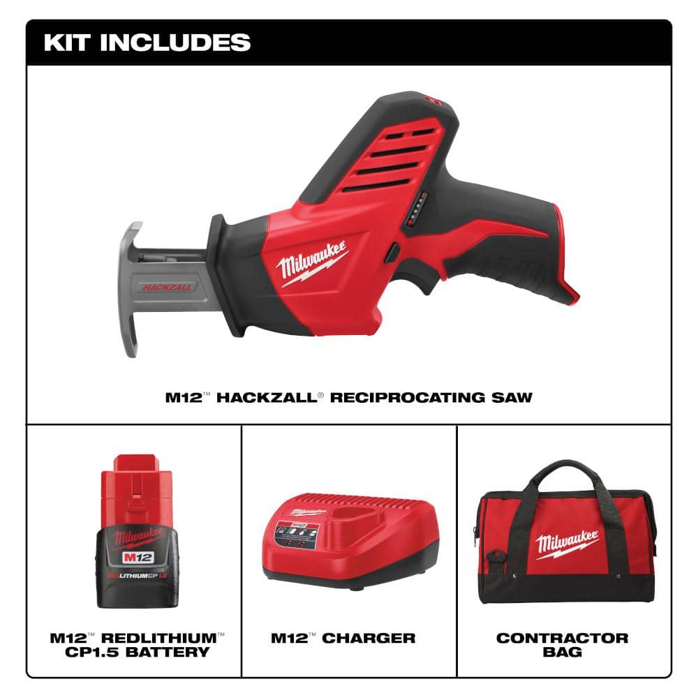 Milwaukee M12 12-Volt Lithium-Ion HACKZALL Cordless Reciprocating Saw Kit with 1.5Ah Battery, Charger & Tool Bag
