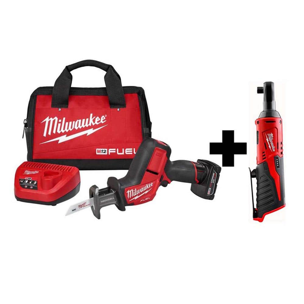 Milwaukee M12 FUEL 12V Lithium-Ion Brushless Cordless HACKZALL Reciprocating Saw Kit with M12 3/8 in. Ratchet (2520-21XC-2457-20)