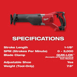 Milwaukee M18 18-Volt Lithium-Ion Cordless SAWZALL Reciprocating Saw (Tool-Only), 1-1/8 in. Stroke