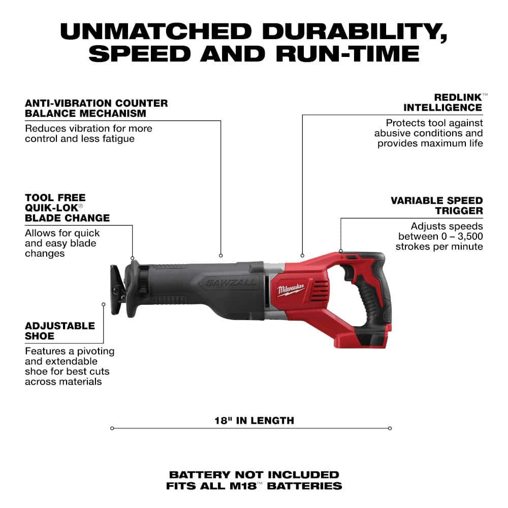 Milwaukee M18 18V Lithium-Ion Cordless SAWZALL Reciprocating Saw with SAWZALL Blade Set (18-Piece)