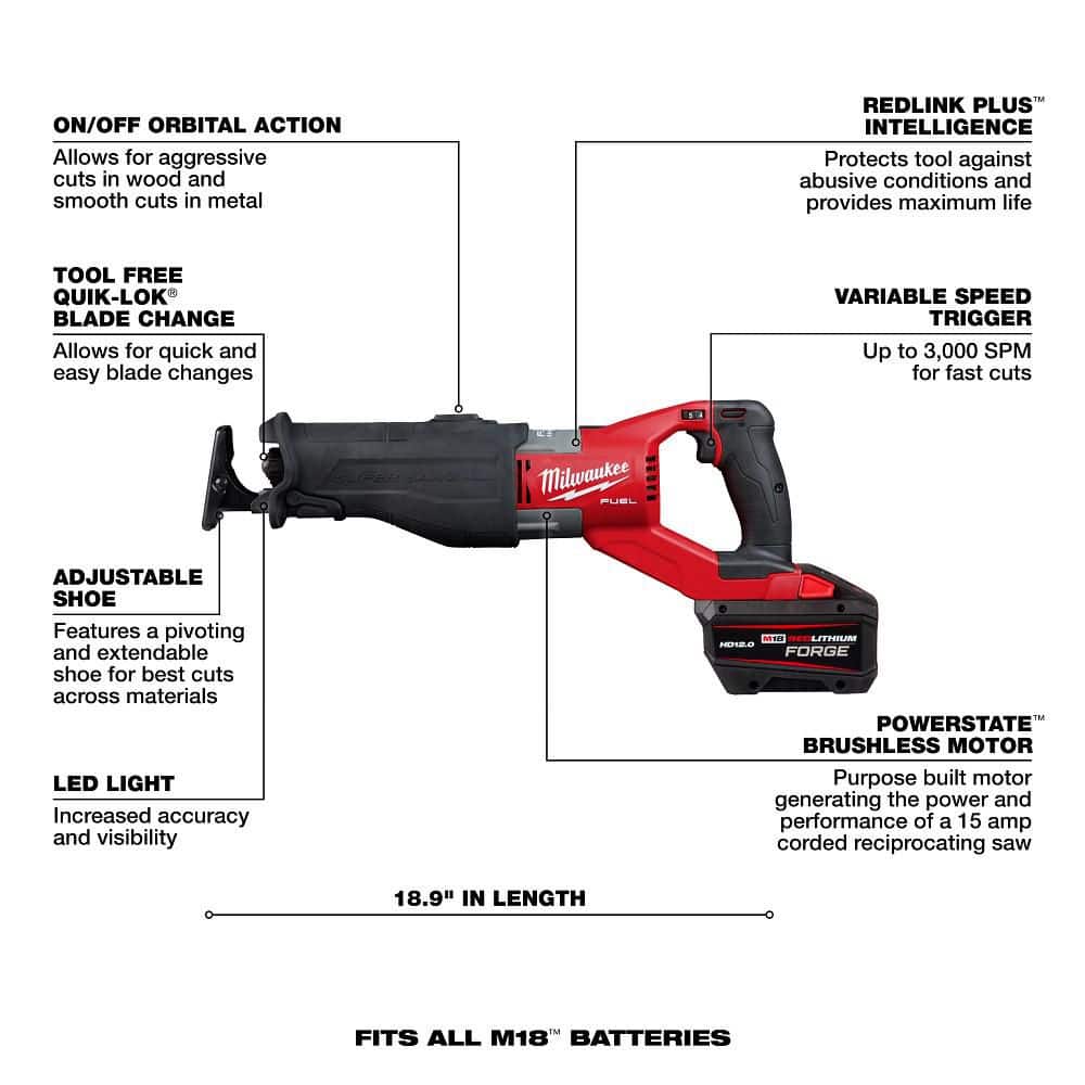 Milwaukee M18 FUEL 18‑Volt Brushless Cordless SUPER SAWZALL Orbital Reciprocating Saw Kit with (1) 12.0Ah Battery