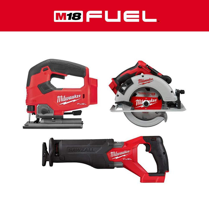 Milwaukee M18 FUEL Gen-2 18V Brushless Cordless 3-Tool Combo: SAWZALL Reciprocating Saw + 7-1/4 in. Circular Saw + D‑Handle Jig Saw (Tool-Only)