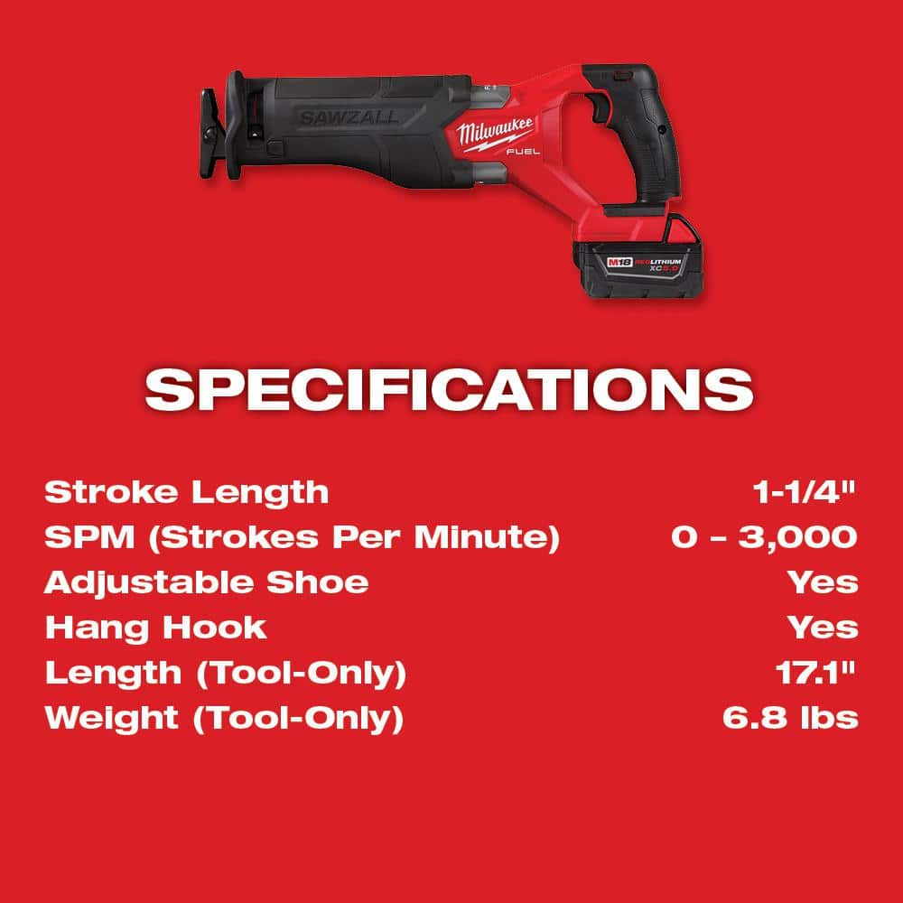 Milwaukee M18 FUEL 18V Brushless Cordless SAWZALL Reciprocating Saw Kit with Two 5.0 Ah Batteries, Charger & Hard Case (Model 2821-22)