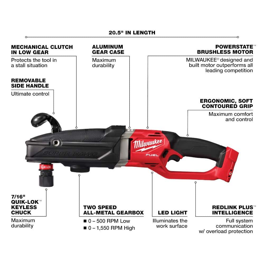 Milwaukee M18 FUEL 18V Lithium‑Ion Brushless Cordless GEN 2 SUPER HAWG 7/16 in. Right Angle Drill (Tool‑Only)