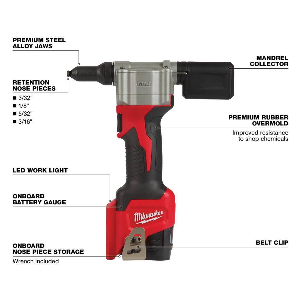 Milwaukee M12 12-Volt Lithium-Ion Cordless Rivet Tool Kit with M12 Grease Gun, 2550-22/2446-20