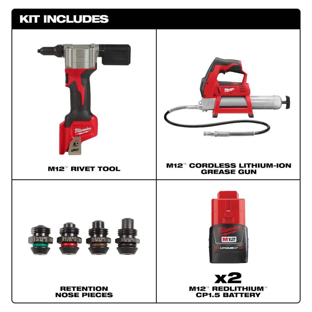 Milwaukee M12 12-Volt Lithium-Ion Cordless Rivet Tool Kit with M12 Grease Gun, 2550-22/2446-20