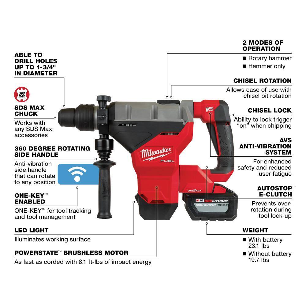 Milwaukee M18 FUEL 18V Lithium-Ion Brushless 1-9/16 in. SDS-Max Rotary Hammer Kit with 2 Batteries & M18 3/8 in. Impact Wrench