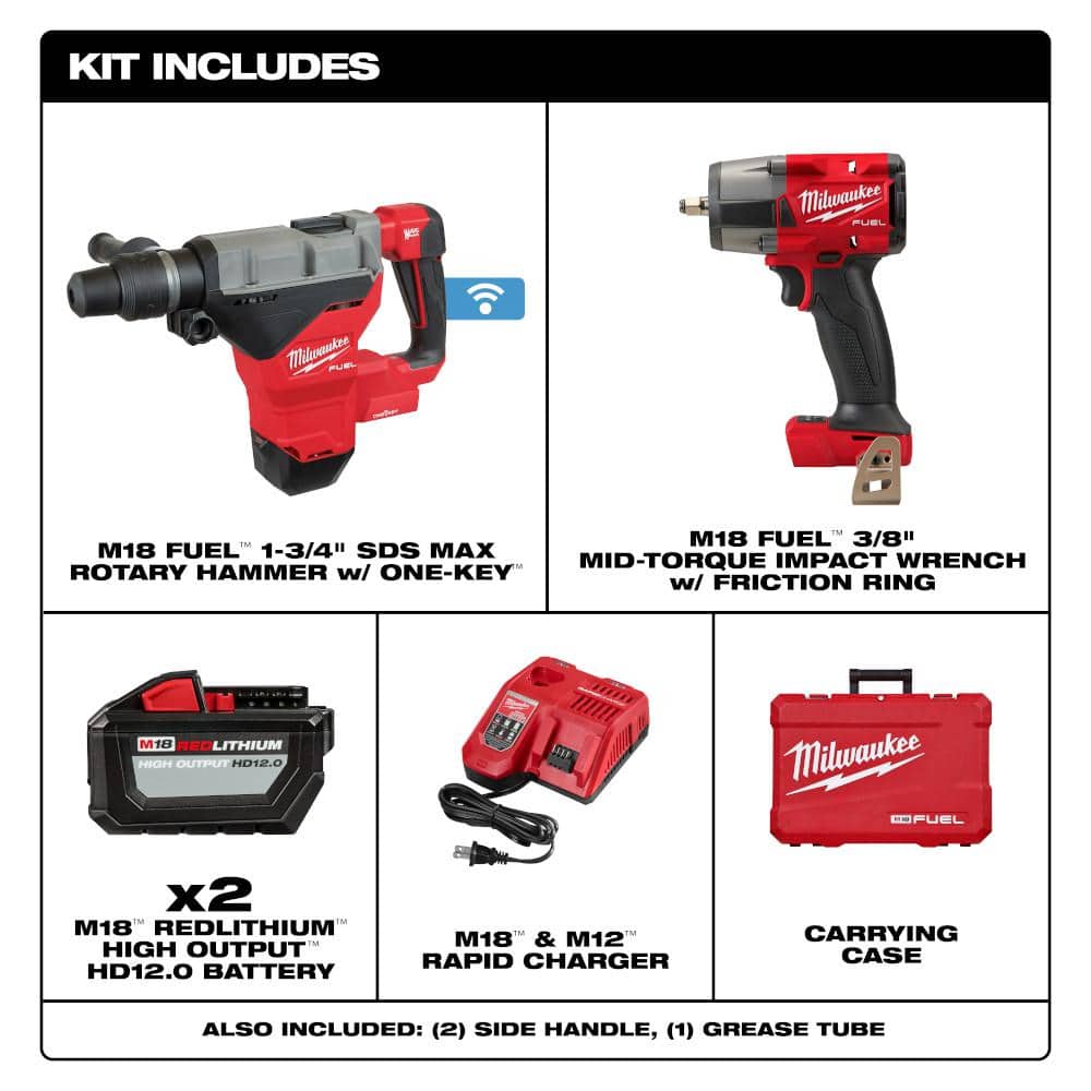 Milwaukee M18 FUEL 18V Lithium-Ion Brushless 1-9/16 in. SDS-Max Rotary Hammer Kit with 2 Batteries & M18 3/8 in. Impact Wrench