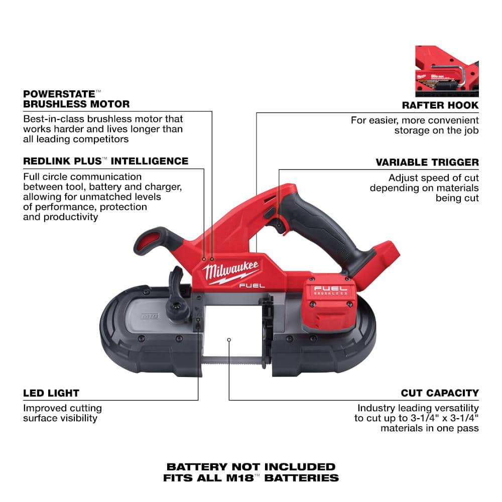 Milwaukee M18 FUEL 18V Lithium‑Ion Brushless 1 in. Cordless SDS‑Plus Rotary Hammer Kit with Compact Band Saw, 2 XC6.0 Batteries and Charger