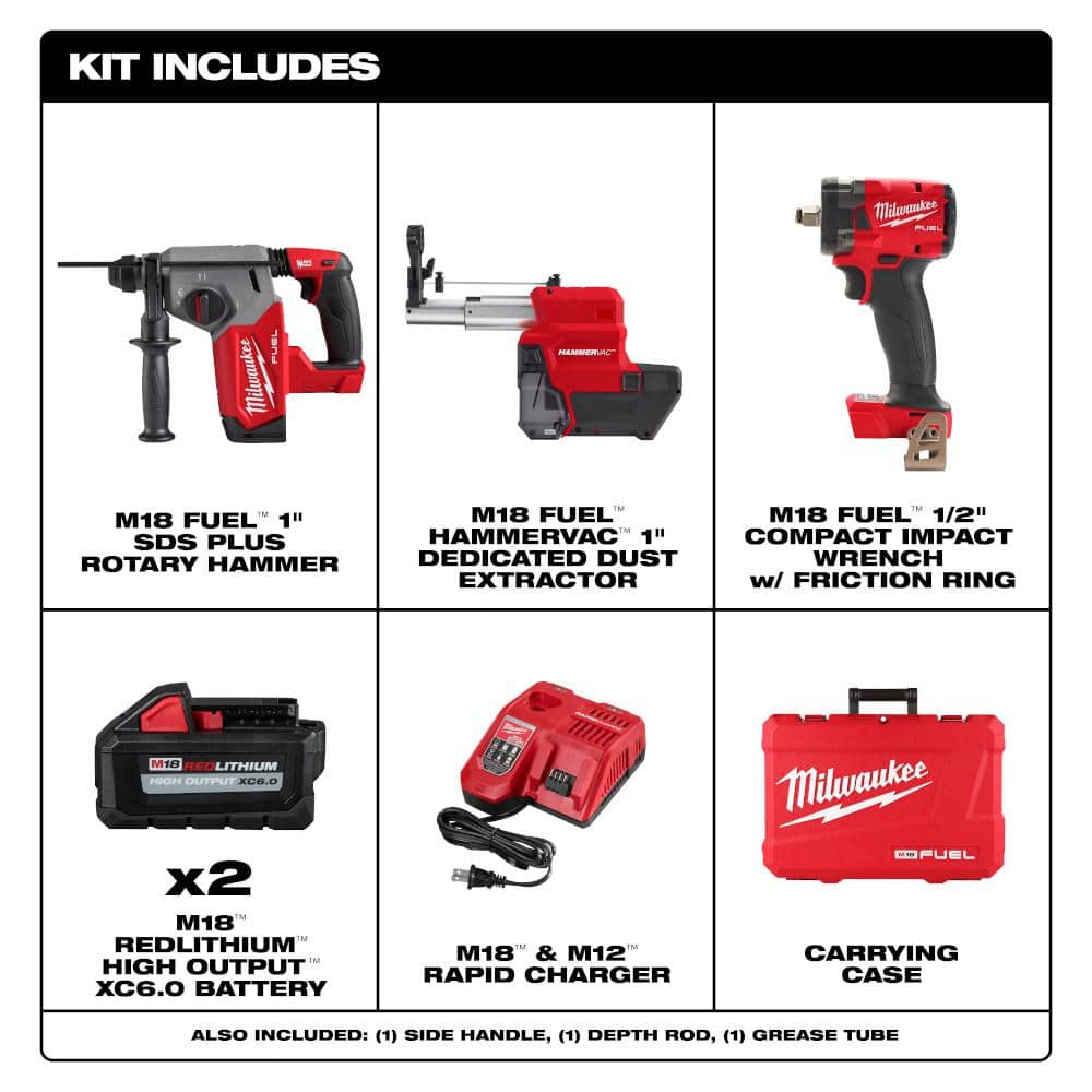 Milwaukee M18 FUEL 18-Volt Lithium-Ion Brushless 1 in. Cordless SDS-Plus Rotary Hammer Kit with FUEL 1/2 in. Impact Wrench (2 Batteries & Charger)