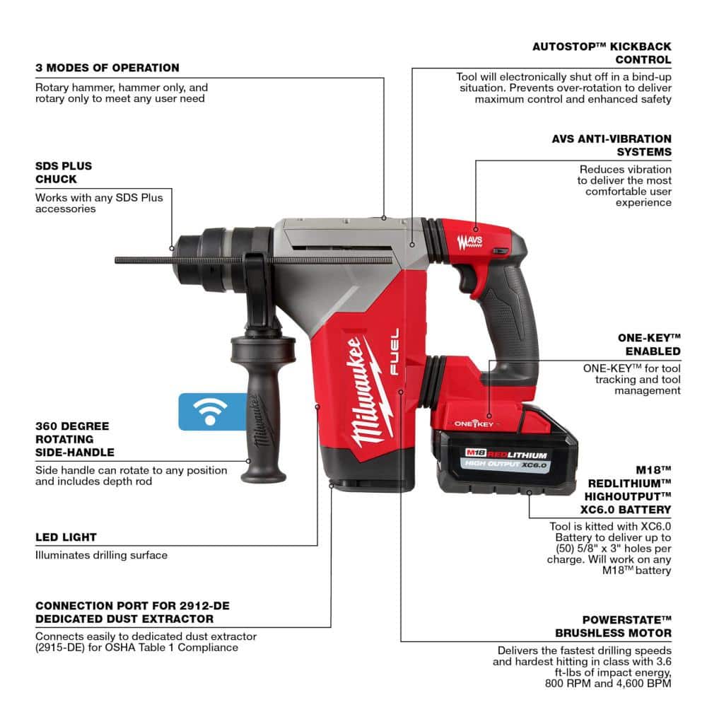 Milwaukee M18 FUEL 18V Lithium‑Ion Brushless 1 in. Cordless SDS‑Plus Rotary Hammer Kit with HAMMERVAC Dust Extractor and M18 FUEL 1/2 in. Impact Wrench