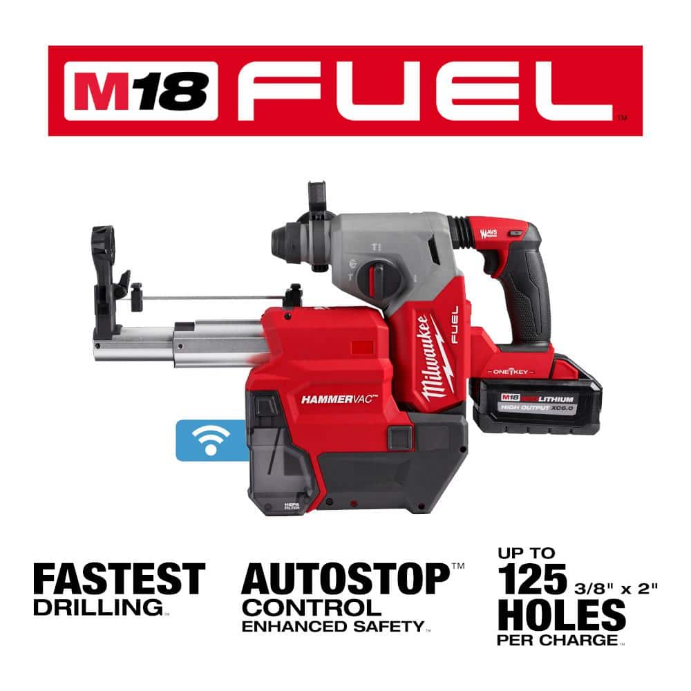 Milwaukee M18 FUEL ONE-KEY 18V Lithium-Ion Brushless Cordless 1 in. SDS-Plus Rotary Hammer Kit with Mid-Torque Impact Wrench, HAMMERVAC, 2x XC6.0 Batteries & Charger