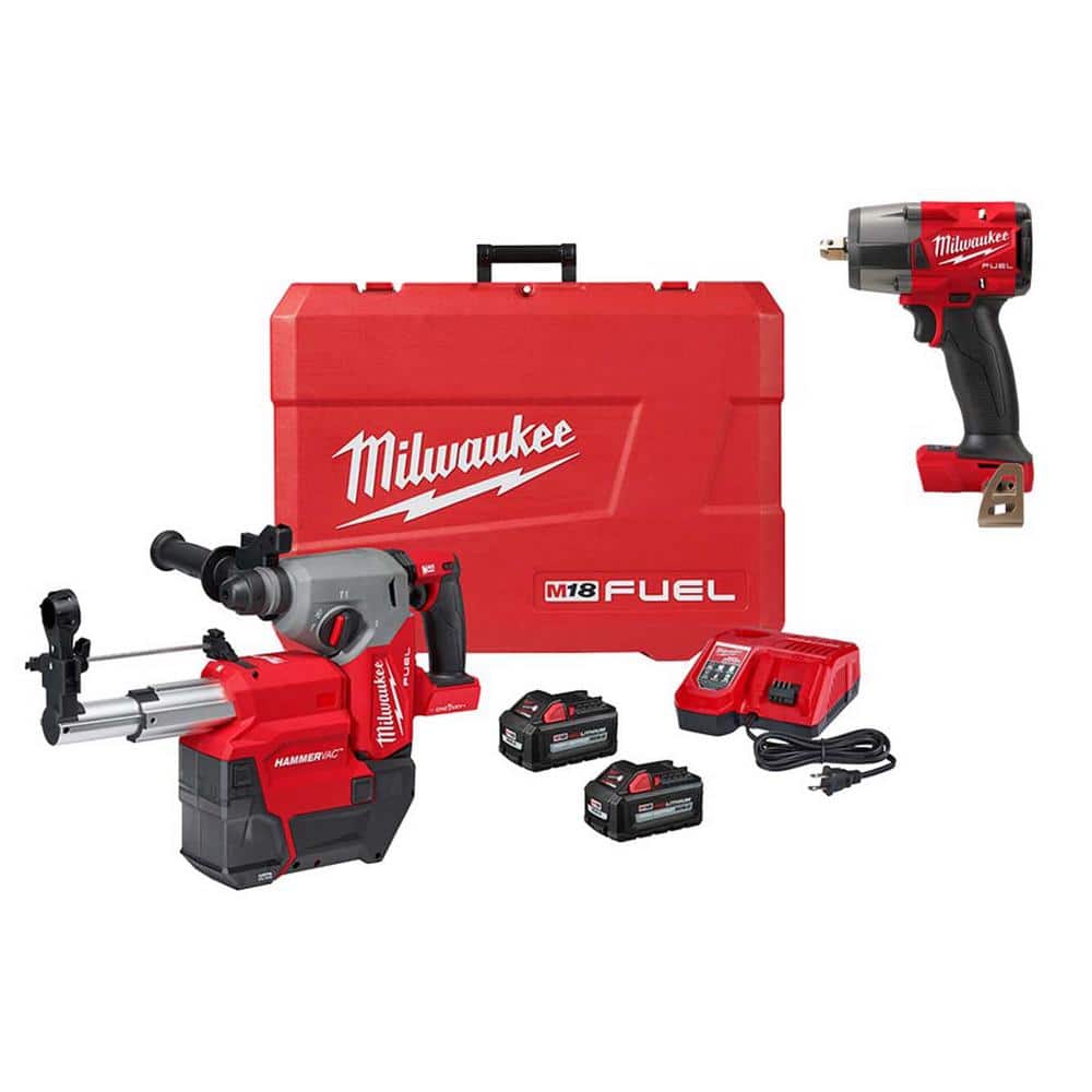 Milwaukee M18 FUEL ONE-KEY 18V Lithium-Ion Brushless Cordless 1 in. SDS-Plus Rotary Hammer Kit with Mid-Torque Impact Wrench, HAMMERVAC, 2x XC6.0 Batteries & Charger
