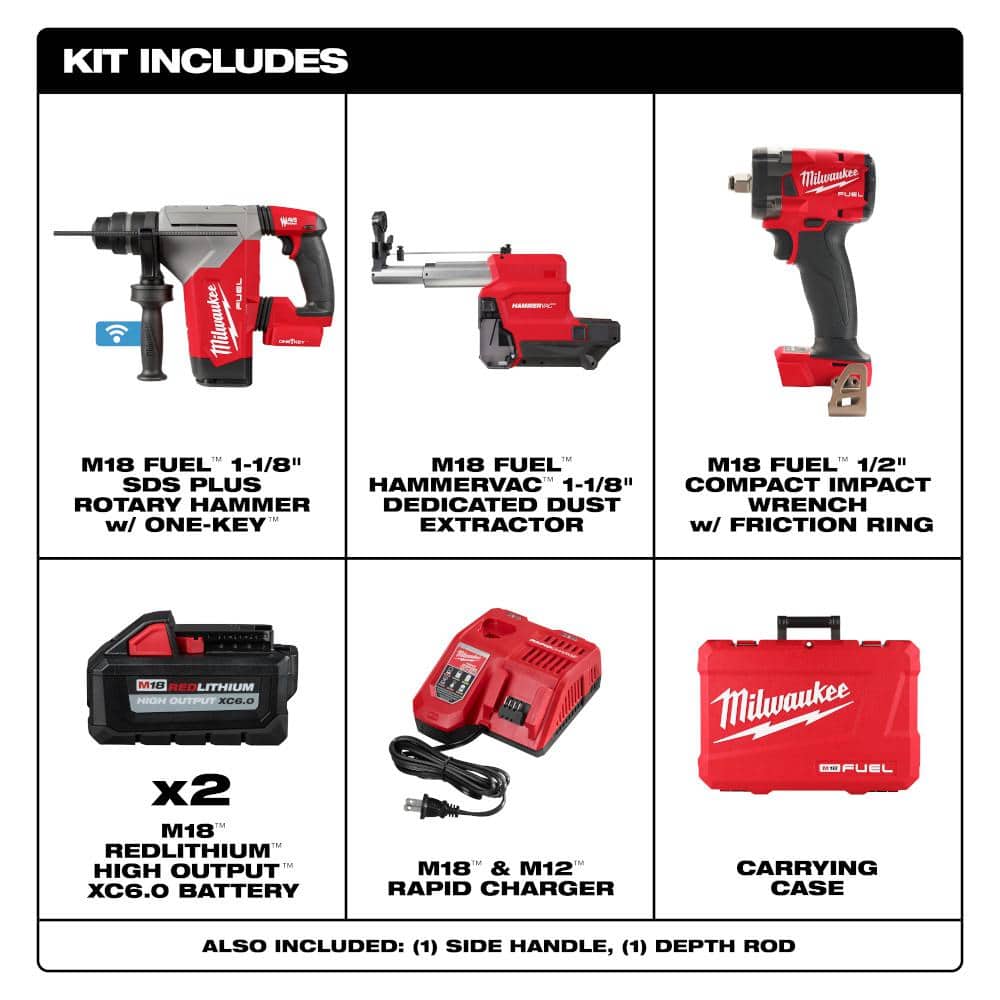 Milwaukee M18 FUEL 18V Lithium-Ion Brushless 1-1/8 in. Cordless SDS-Plus Rotary Hammer Kit with Dust Extractor, 2 XC6.0 Batteries, Rapid Charger & M18 FUEL Impact Wrench
