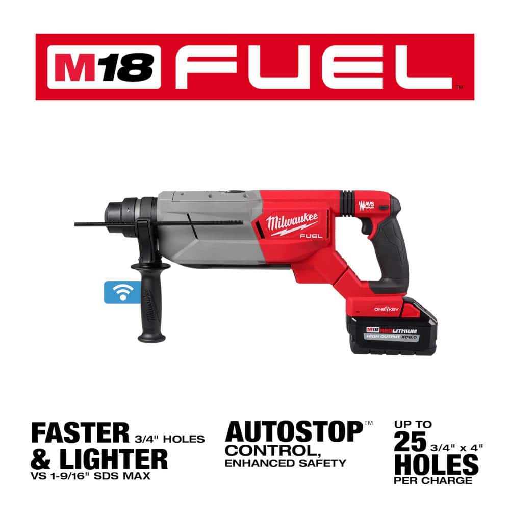 Milwaukee M18 FUEL ONE-KEY 18V Lithium-Ion Brushless Cordless 1-1/4 in. SDS-Plus D-Handle Rotary Hammer Kit with (2) 6.0Ah Batteries, Charger & Case