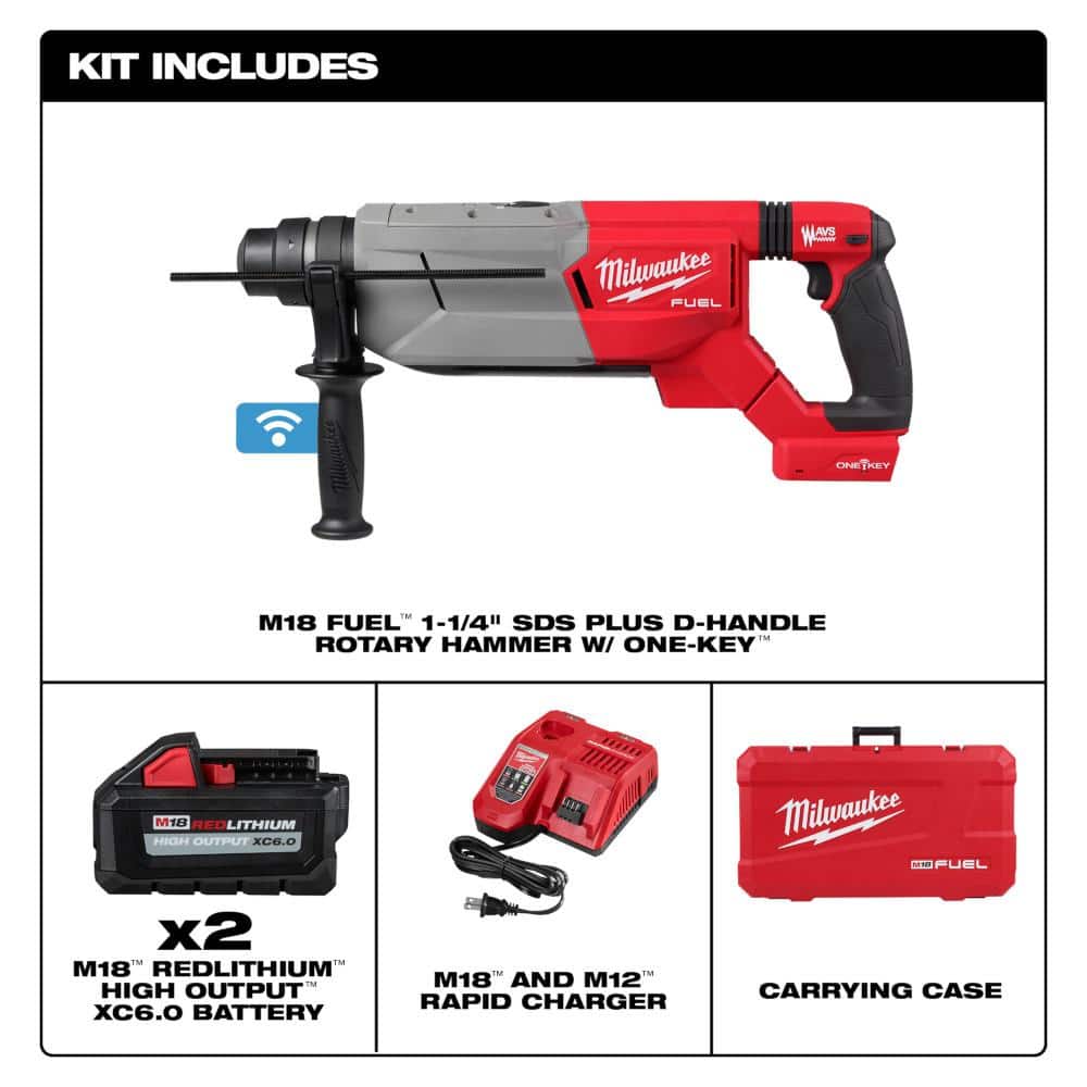 Milwaukee M18 FUEL ONE-KEY 18V Lithium-Ion Brushless Cordless 1-1/4 in. SDS-Plus D-Handle Rotary Hammer Kit with (2) 6.0Ah Batteries, Charger & Case