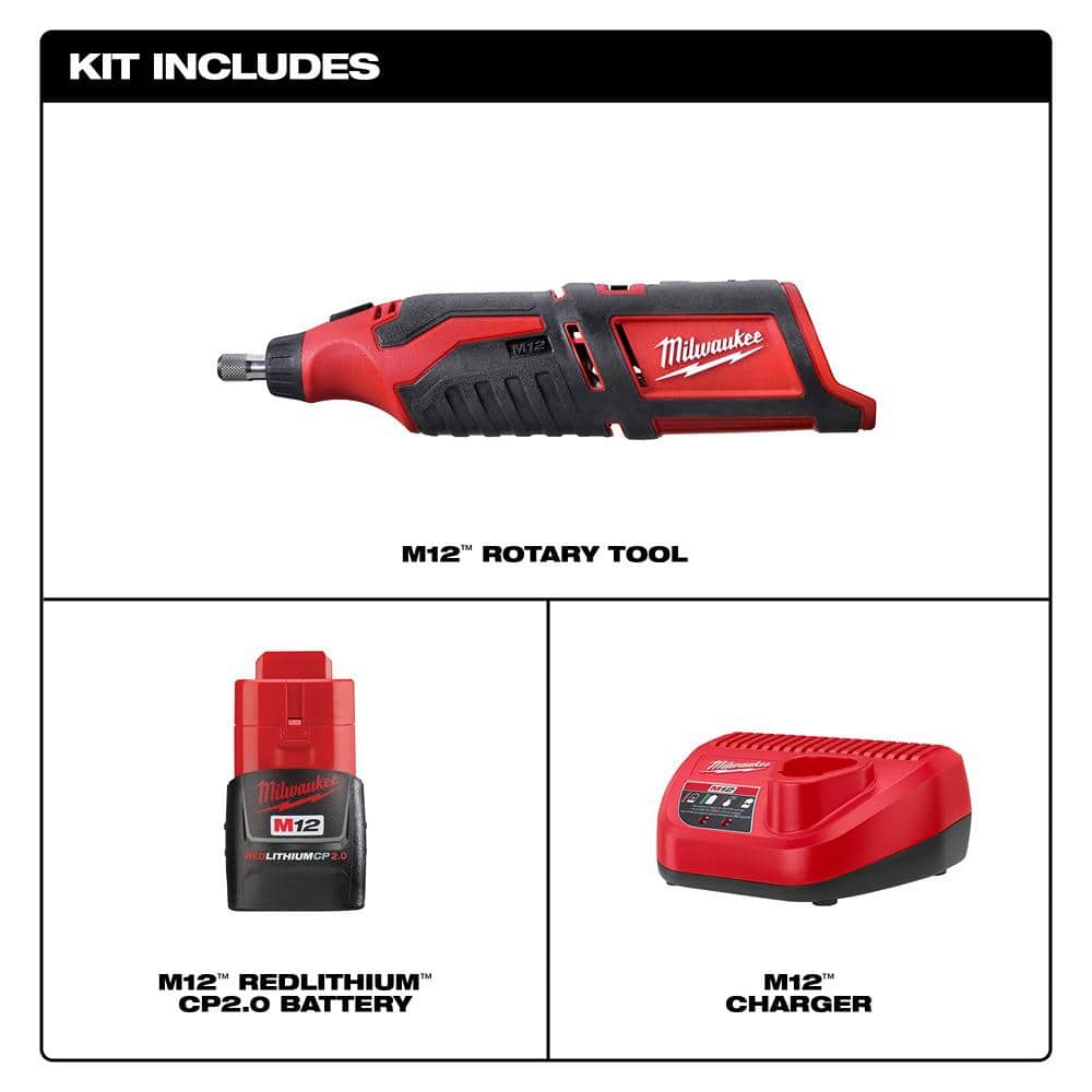Milwaukee M12 12V Lithium-Ion Cordless Rotary Tool with M12 2.0Ah Compact Battery Pack