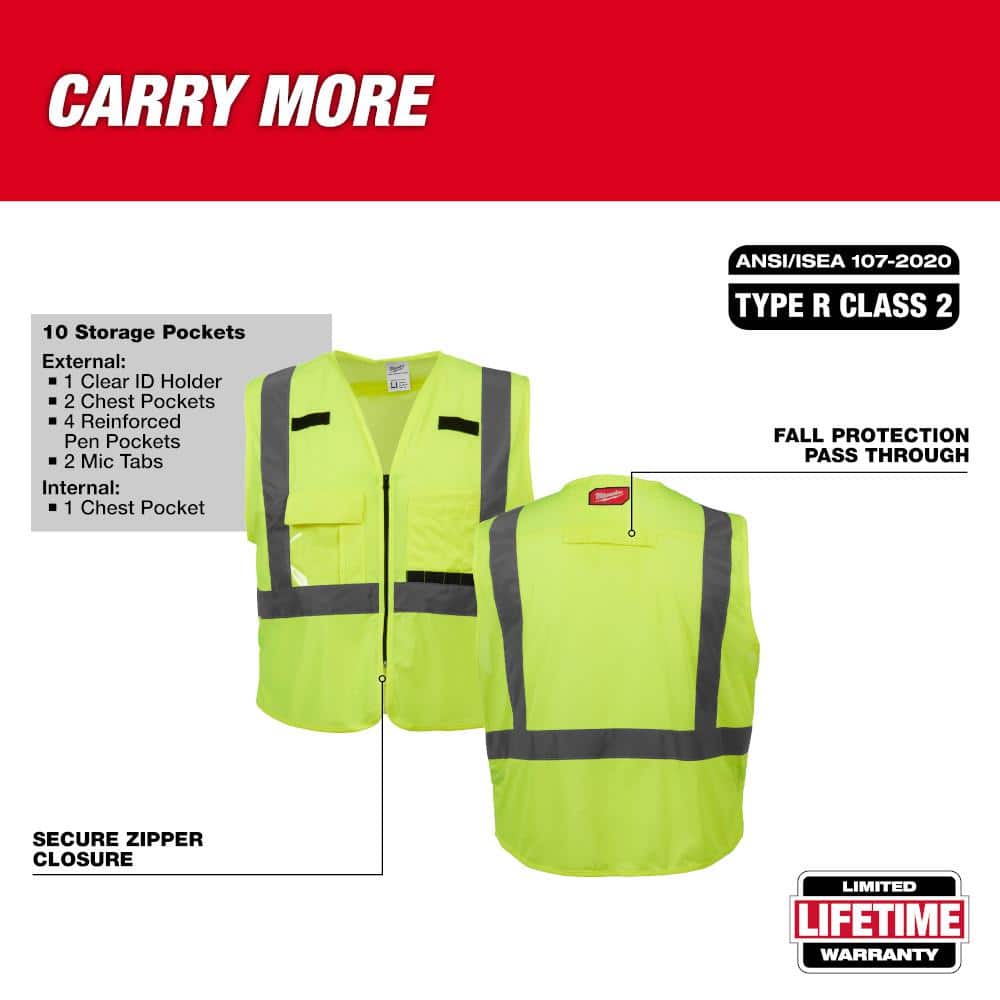 Milwaukee Small/Medium Yellow Class 2 High Visibility Safety Vest with 10 Pockets (2-Pack)