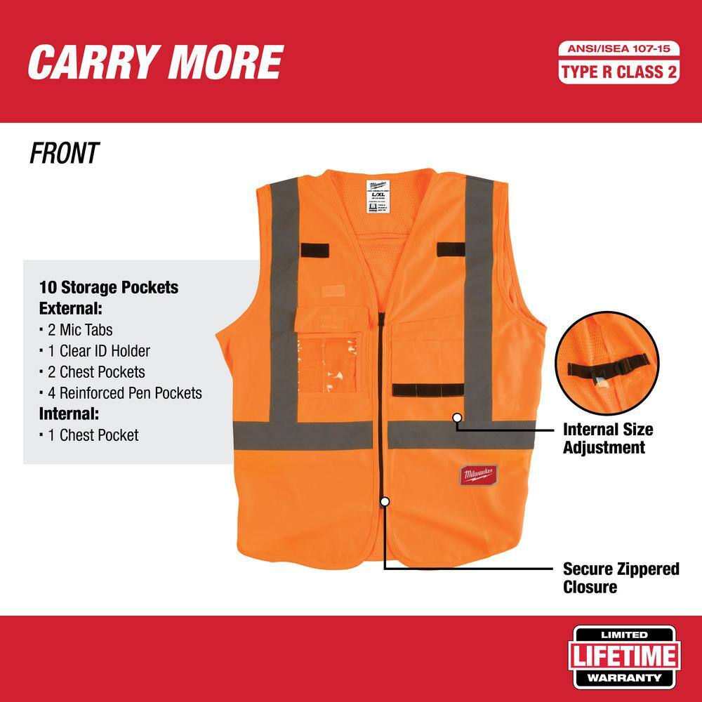 Milwaukee 4X-Large/5X-Large Orange Class 2 High-Visibility Safety Vest with 10 Pockets (4-Pack)