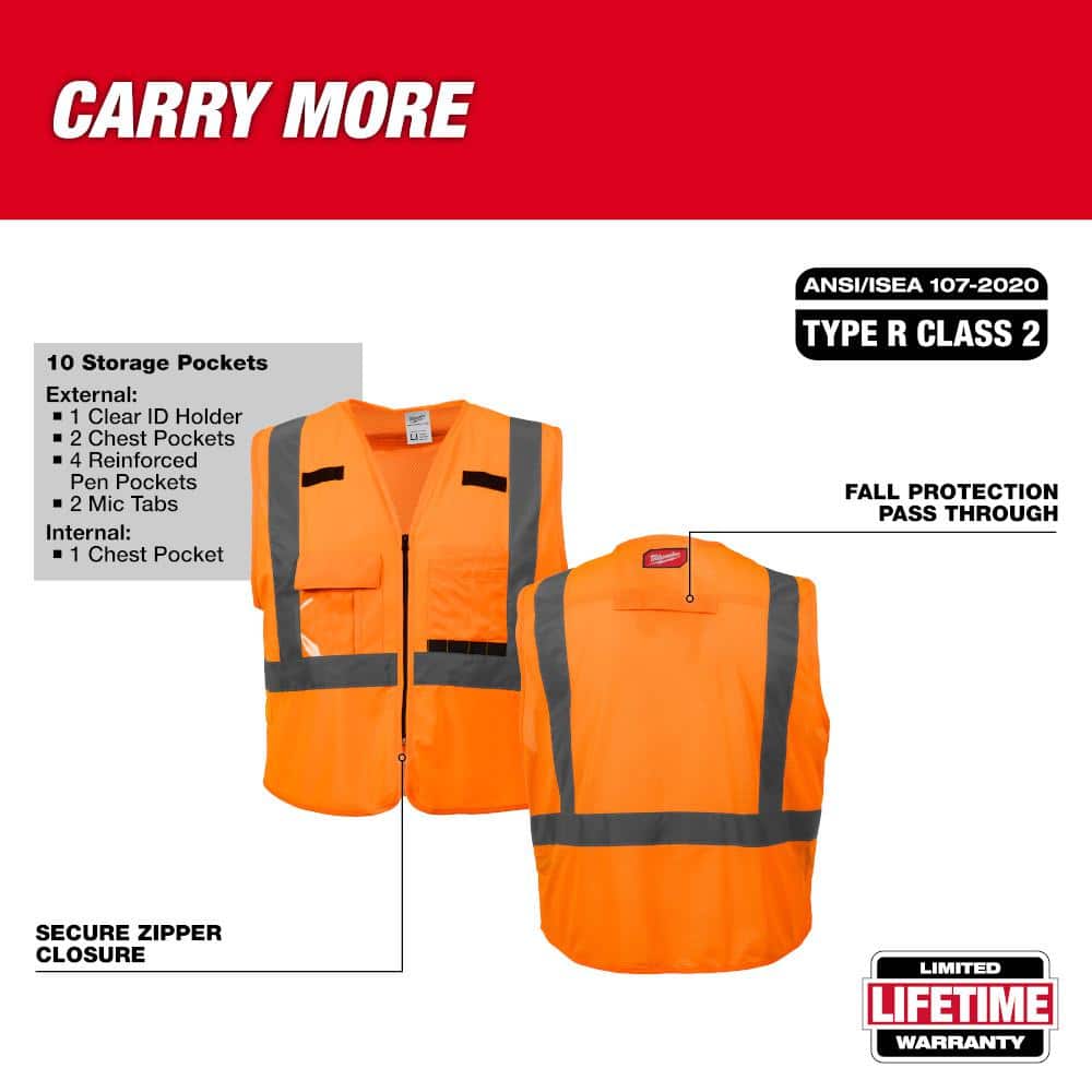 Milwaukee 2X-Large/3X-Large Orange Class 2 High-Visibility Safety Vest with 10 Pockets (2-Pack)