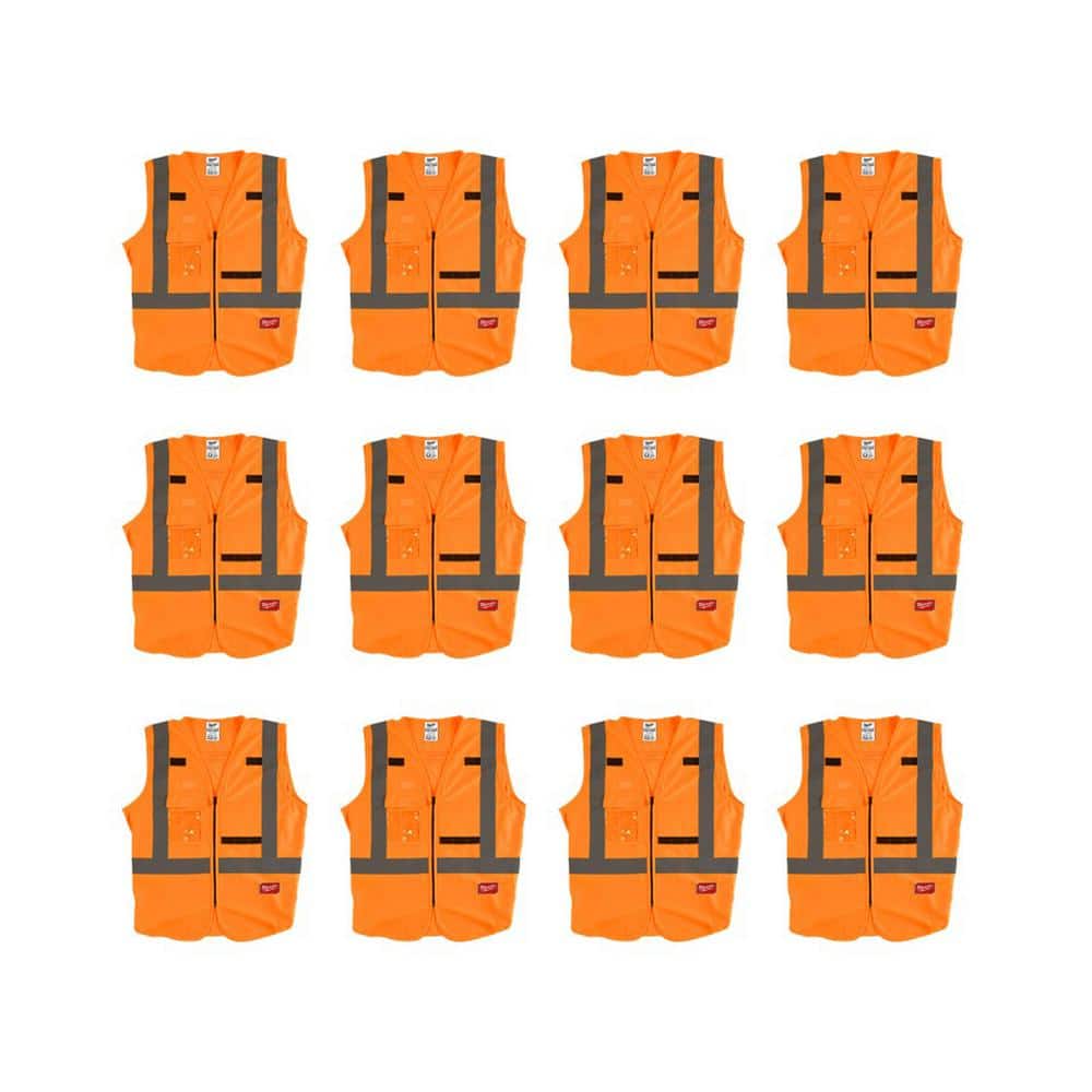 Milwaukee 4X/5X Orange Class 2 High-Visibility Safety Vest, 10 Pockets, Zipper Closure (12-Pack)