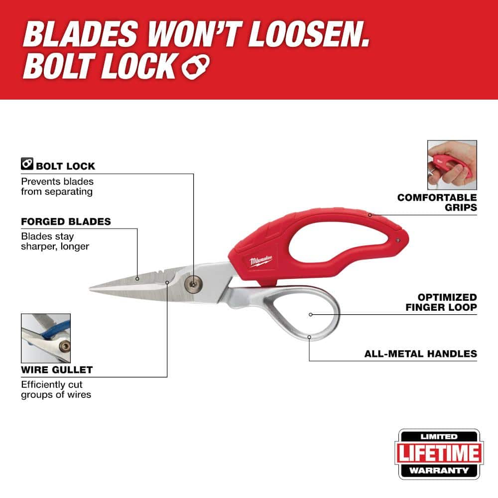 Milwaukee Electrician Snips, 2 in Blade, Bolt Lock, Forged Blades