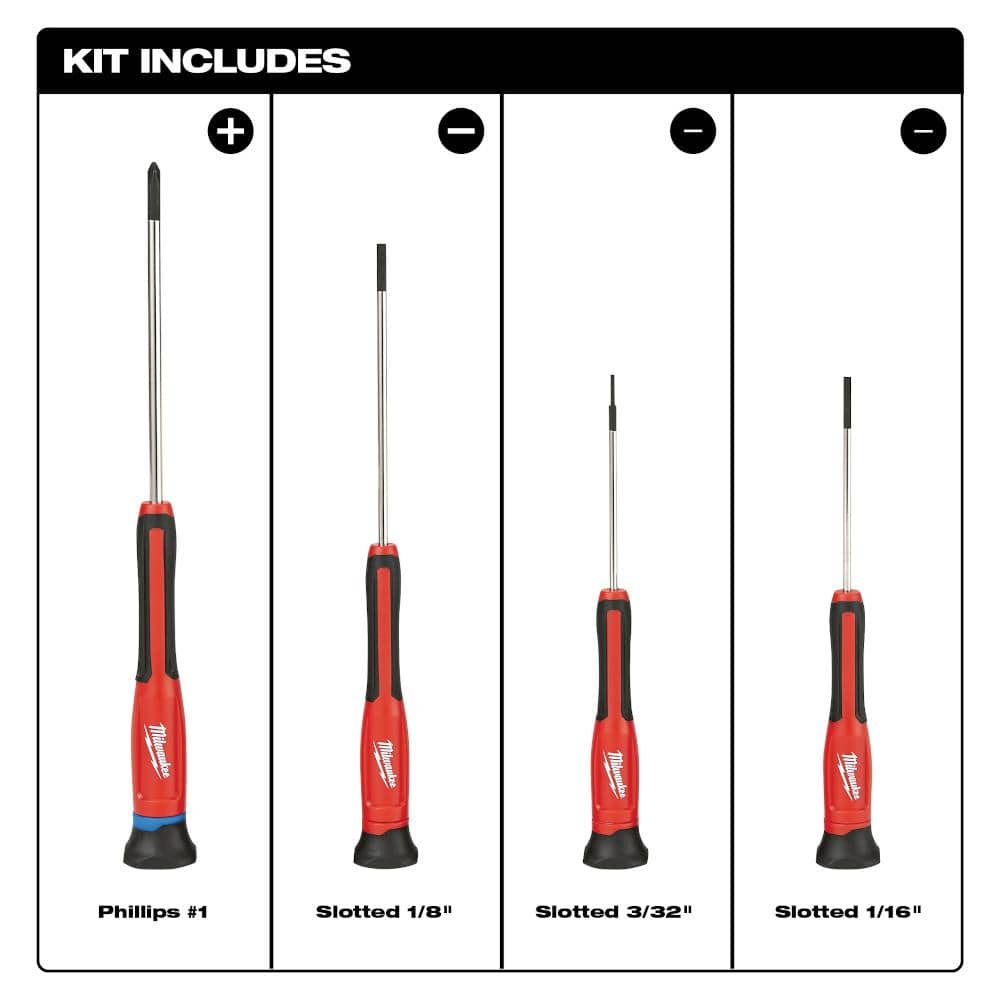 Milwaukee 4-Piece Precision Screwdriver Set, Phillips #1 & Slotted 1/8", 3/32", 1/16"