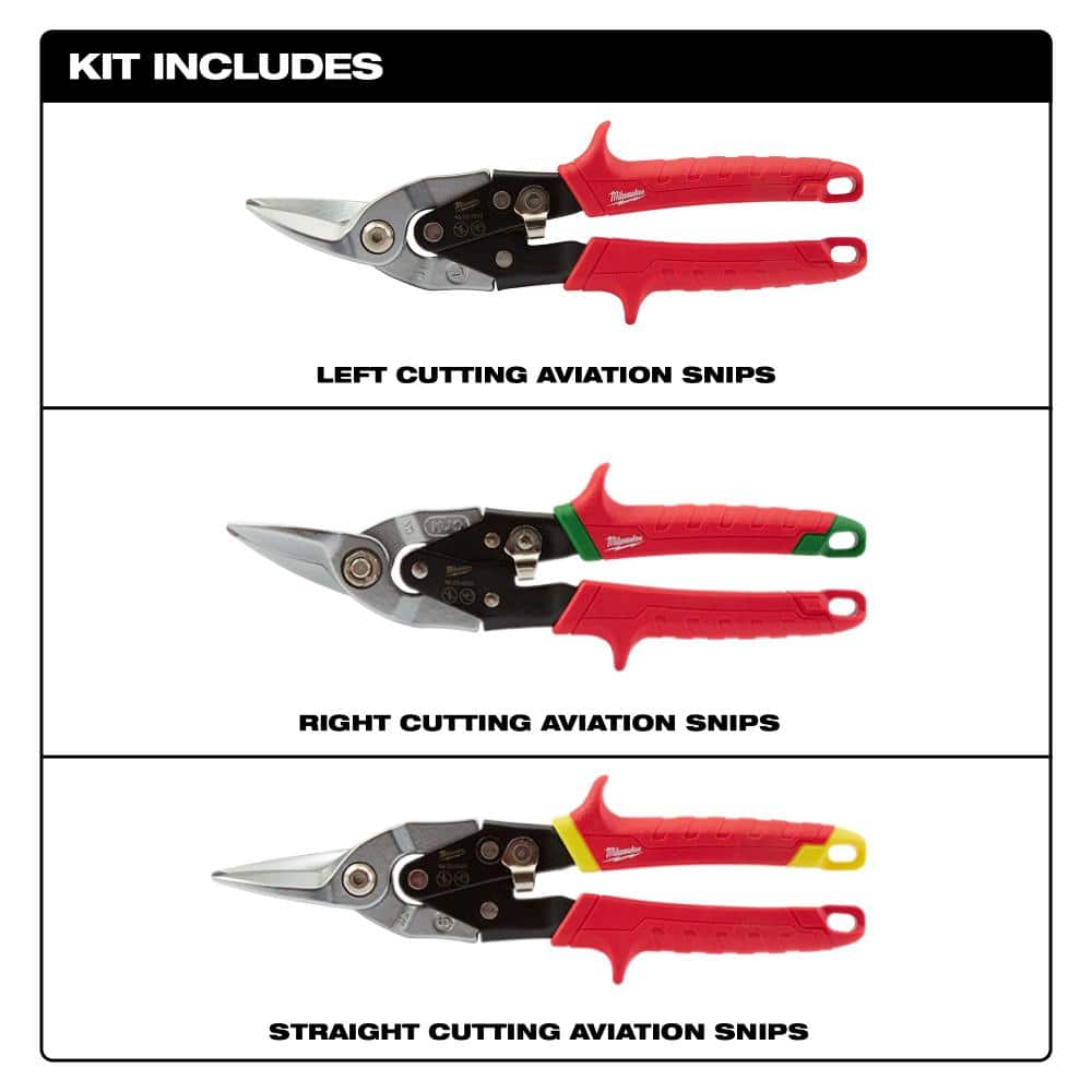 Milwaukee Left, Right, and Straight Aviation Snips Set (3‑Pack)