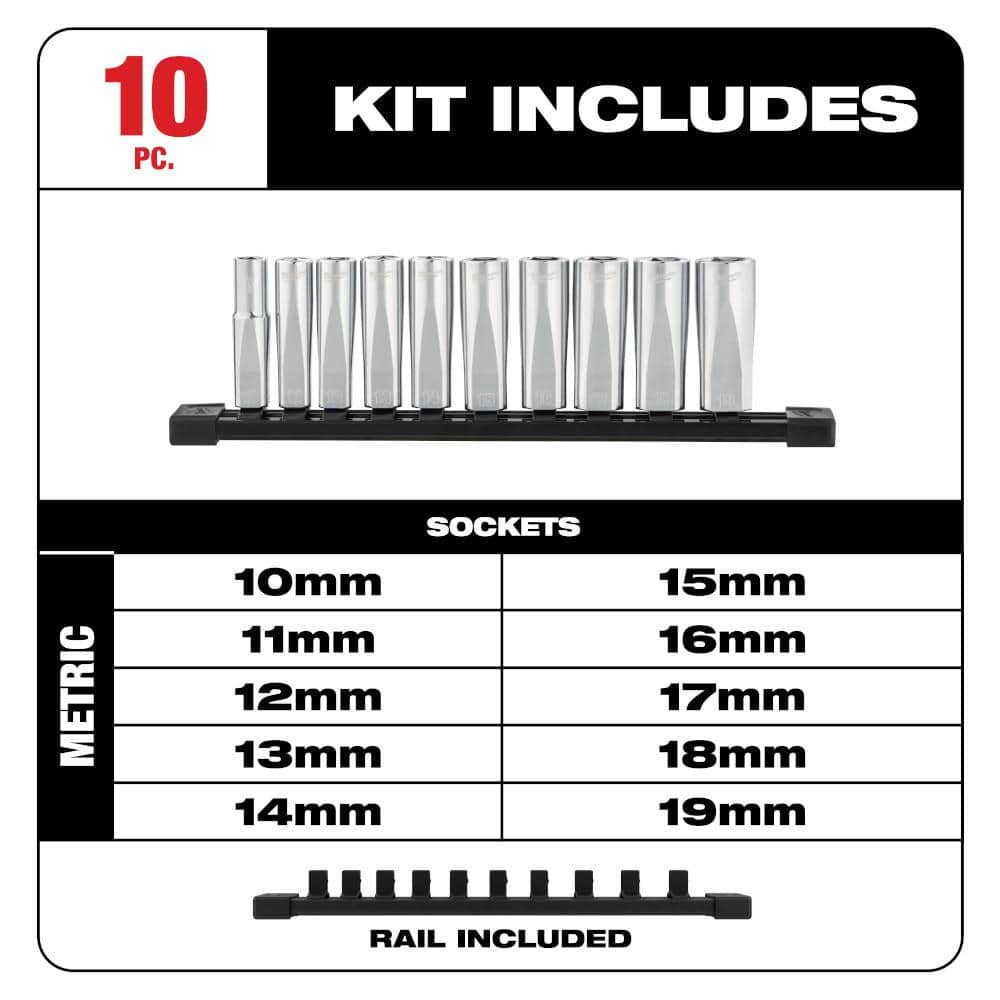 Milwaukee 3/8 in. Drive SAE & Metric Deep Well 6‑Point Socket Set, FOUR FLAT Sides, Chrome Finish (20-Piece)
