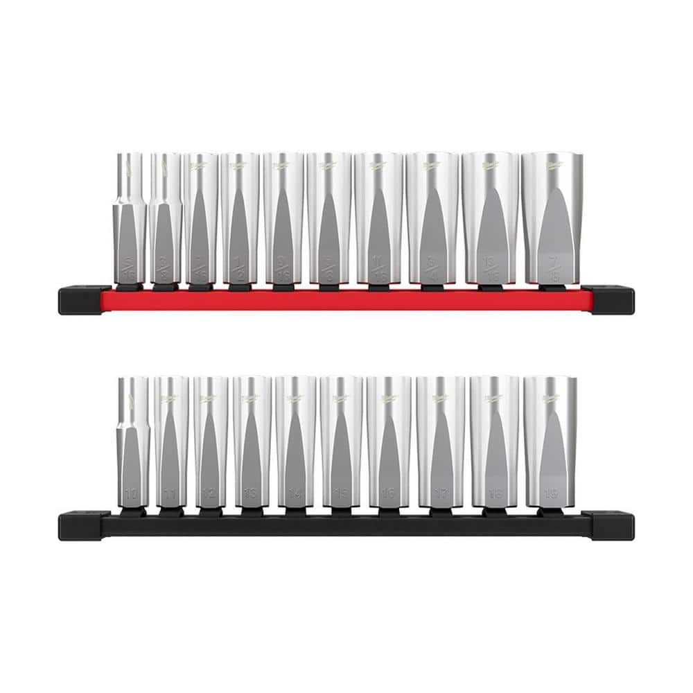 Milwaukee 3/8 in. Drive SAE & Metric Deep Well 6‑Point Socket Set, FOUR FLAT Sides, Chrome Finish (20-Piece)