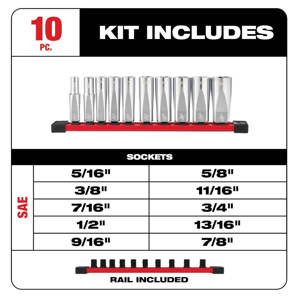 Milwaukee 3/8 in. Drive SAE & Metric Deep Well 6‑Point Socket Set, FOUR FLAT Sides, Chrome Finish (20-Piece)