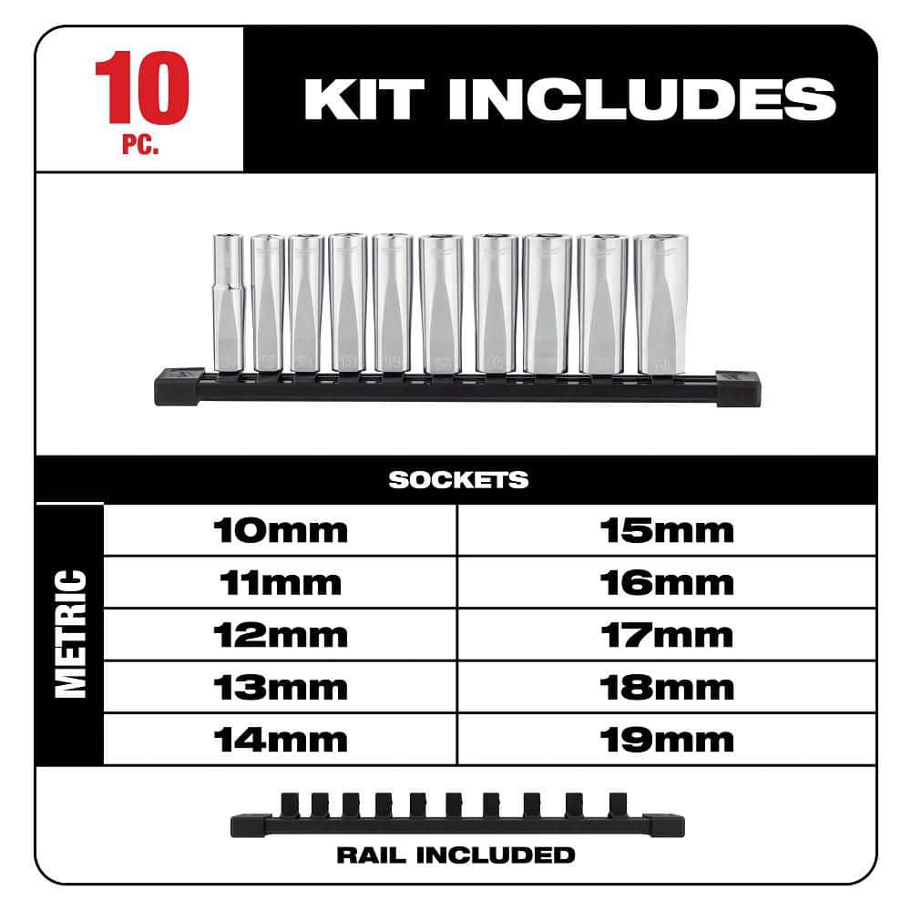 Milwaukee 3/8 in. Drive Metric Deep Well 6-Point Socket Set, 10-Piece