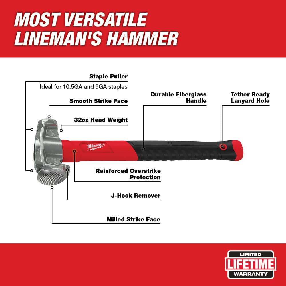 Milwaukee 36 oz. 4-in-1 Lineman's Hammer with Lineman's 4-in-1 Insulated Ratcheting Box Wrench