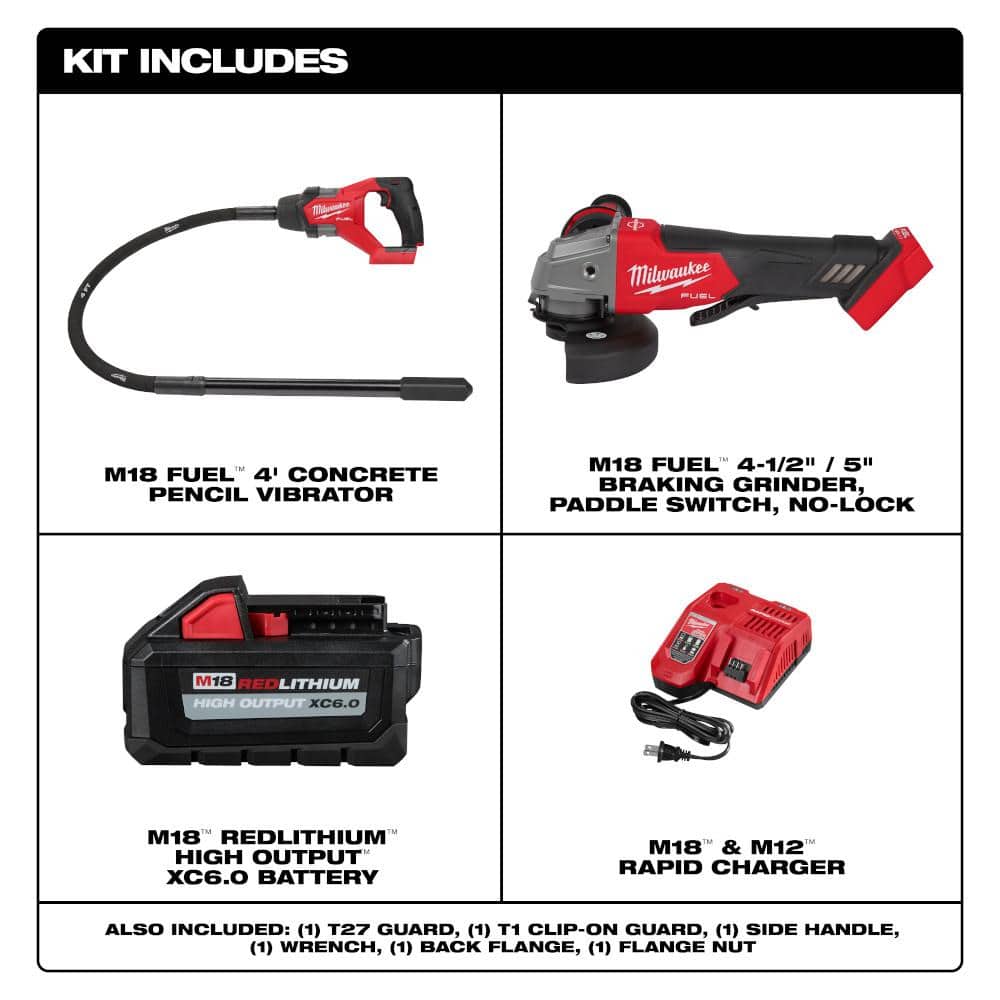 Milwaukee M18 FUEL 18V Lithium-Ion Brushless Cordless 4 ft. Concrete Pencil Vibrator Kit with 6.0 Ah Battery & M18 FUEL Grinder