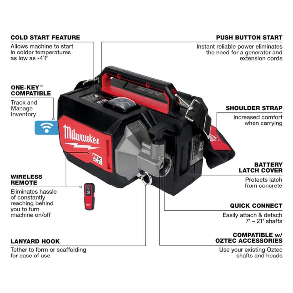 Milwaukee MX FUEL Lithium-Ion Cordless Briefcase Concrete Vibrator Kit W/M18 FUEL 1 in. SDS-Plus Rotary Hammer/Dust Extractor Kit