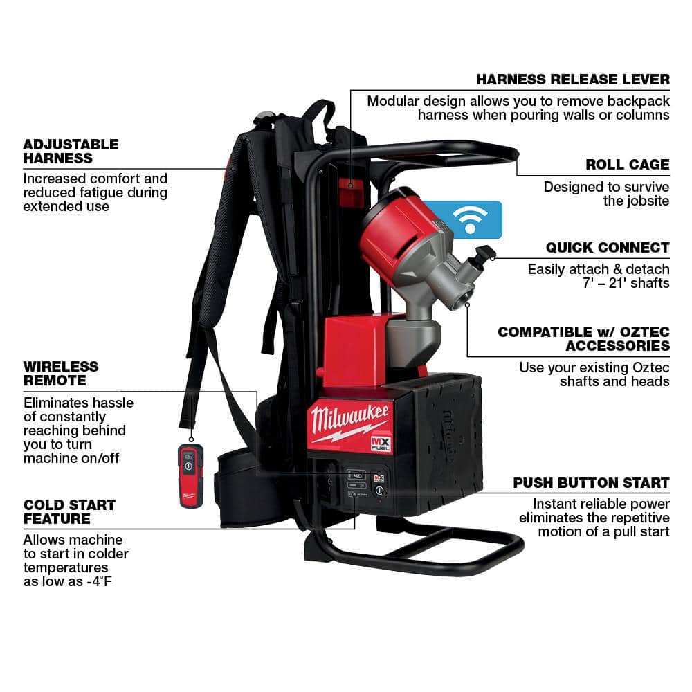 Milwaukee MX FUEL Lithium-Ion Cordless Concrete Vibrator Kit with M18 FUEL 1 in. SDS-Plus Rotary Hammer/Dust Extractor Kit