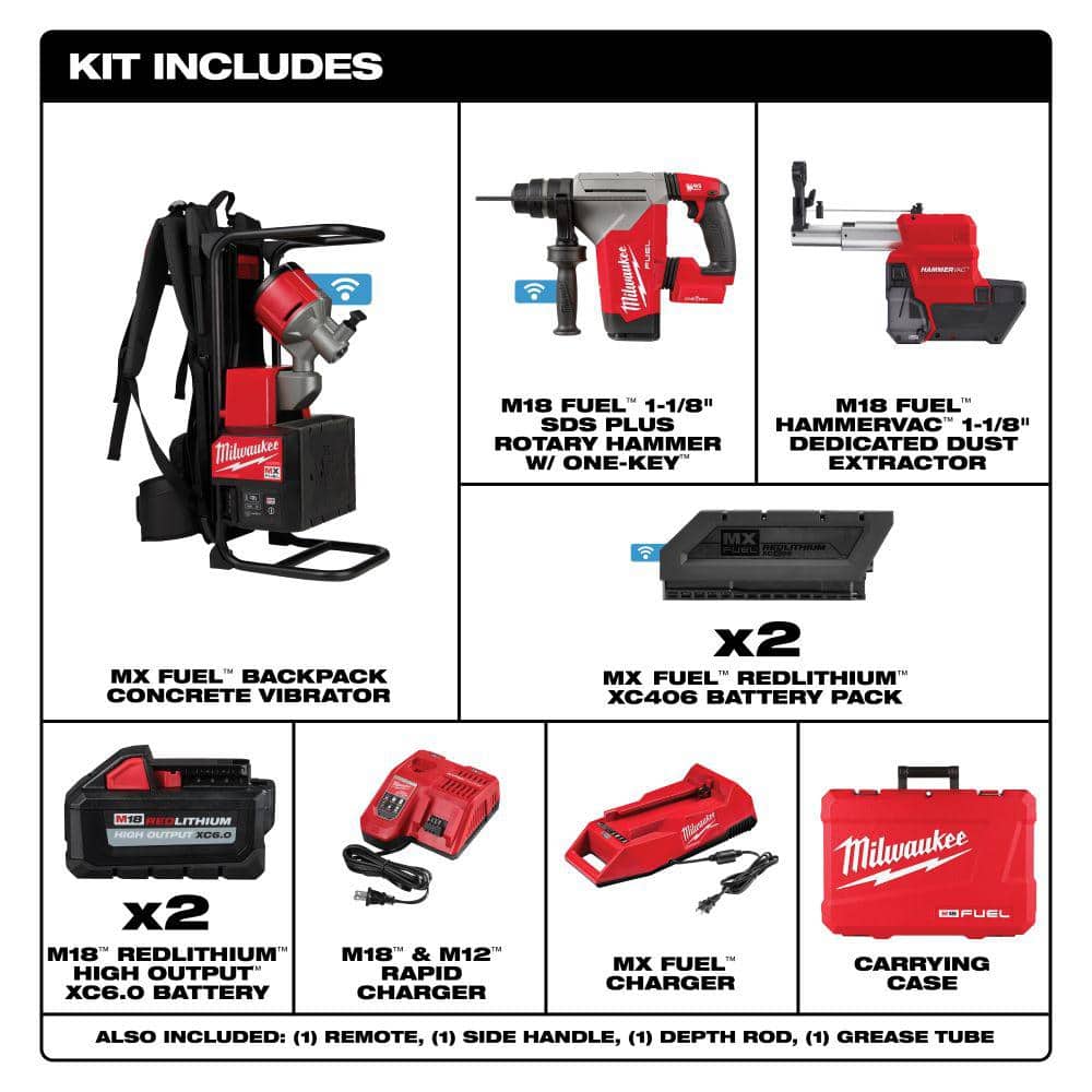 Milwaukee MX FUEL Lithium-Ion Cordless Concrete Vibrator Kit with M18 FUEL 1-1/8 in. SDS -Plus Rotary Hammer/Dust Extractor Kit