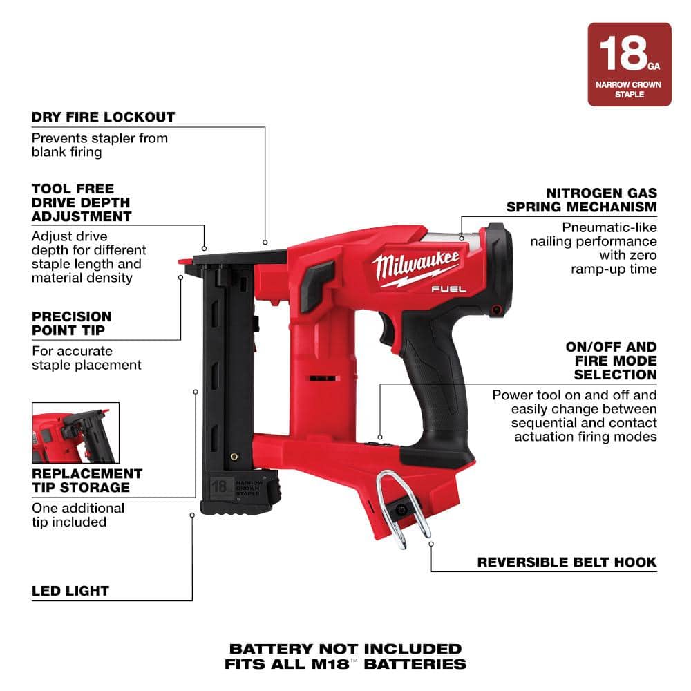 Milwaukee M18 FUEL Brushless Cordless 18‑Gauge 1/4 in. Narrow Crown Stapler with M18 FUEL 18‑Gauge Brad Nailer (Tool‑Only)