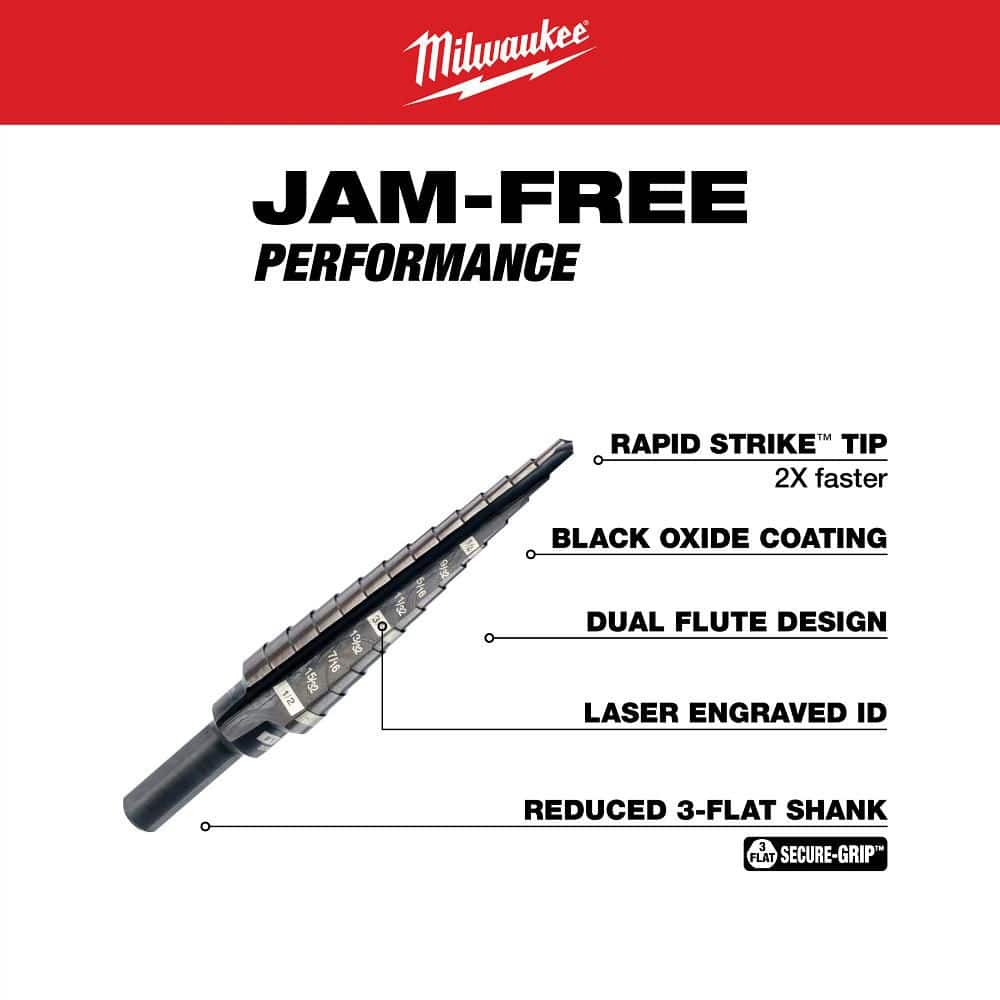 Milwaukee #1 Black Oxide Step Drill Bit, 1/8 in. – 1/2 in., 1/32 in. Increments (13 Steps)