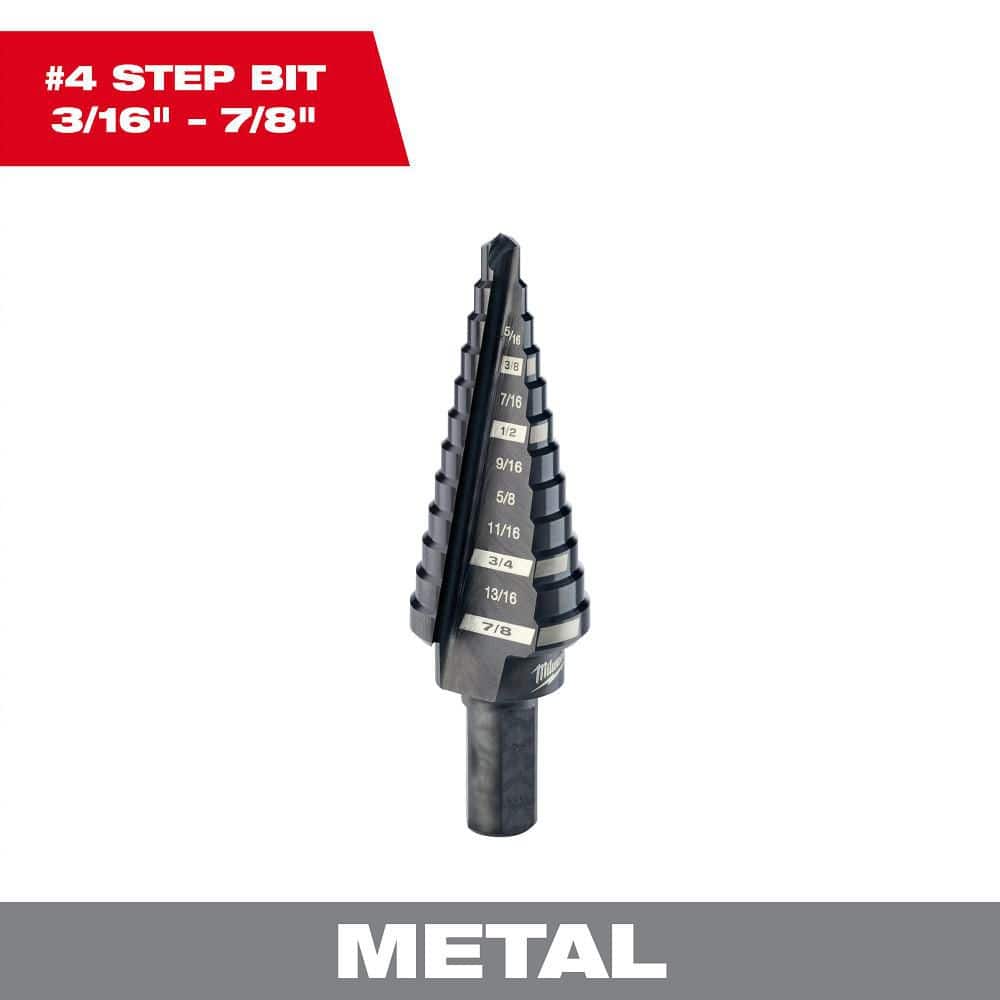 Milwaukee #4 Step Drill Bit, 3/16 in. – 7/8 in., 1/16 in. Increments, Black Oxide