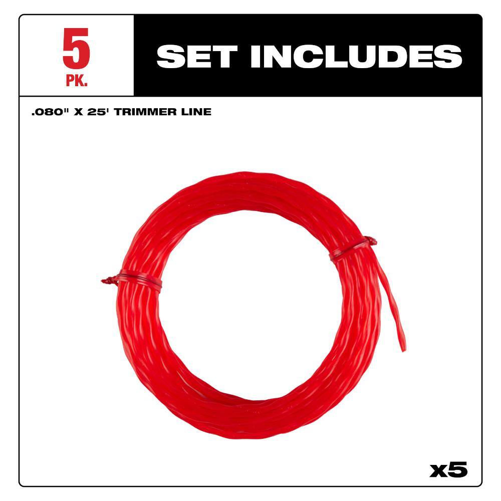 Milwaukee 0.080 in. x 25 ft. Pre-Cut Twisted Trimmer Line (5-Pack)
