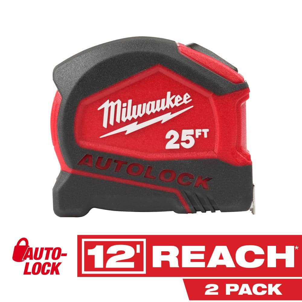Milwaukee 25 ft. Compact Auto-Lock Tape Measure, Nylon-Coated Blade, 12 ft Reach (2-Pack)