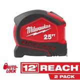 Milwaukee 25 ft. Compact Auto-Lock Tape Measure, Nylon-Coated Blade, 12 ft Reach (2-Pack)