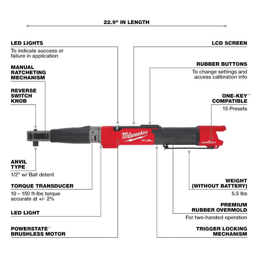 Milwaukee M12 FUEL ONE-KEY 12-Volt Brushless Cordless 1/2 in. Digital Torque Wrench (Tool-Only), 23 in Length