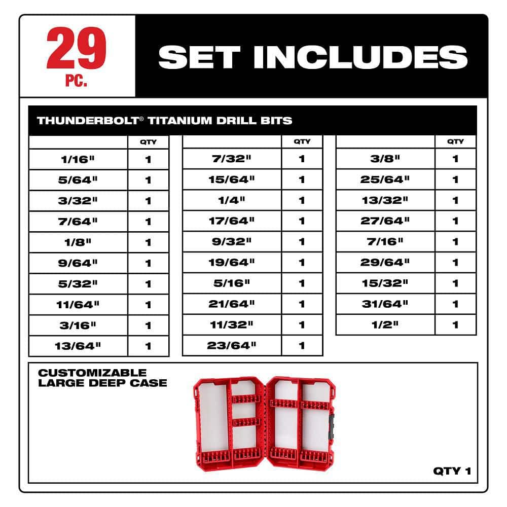 Milwaukee Thunderbolt Titanium Drill Bit Set, 29-Piece (135° Split Point, 3-Flat Shank)
