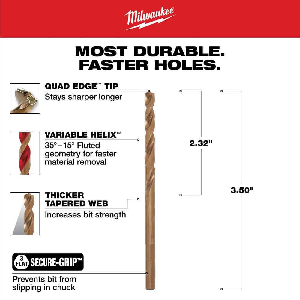Milwaukee 3/16 in. Cobalt RED HELIX Thunderbolt Twist Drill Bit (48-89-2309)