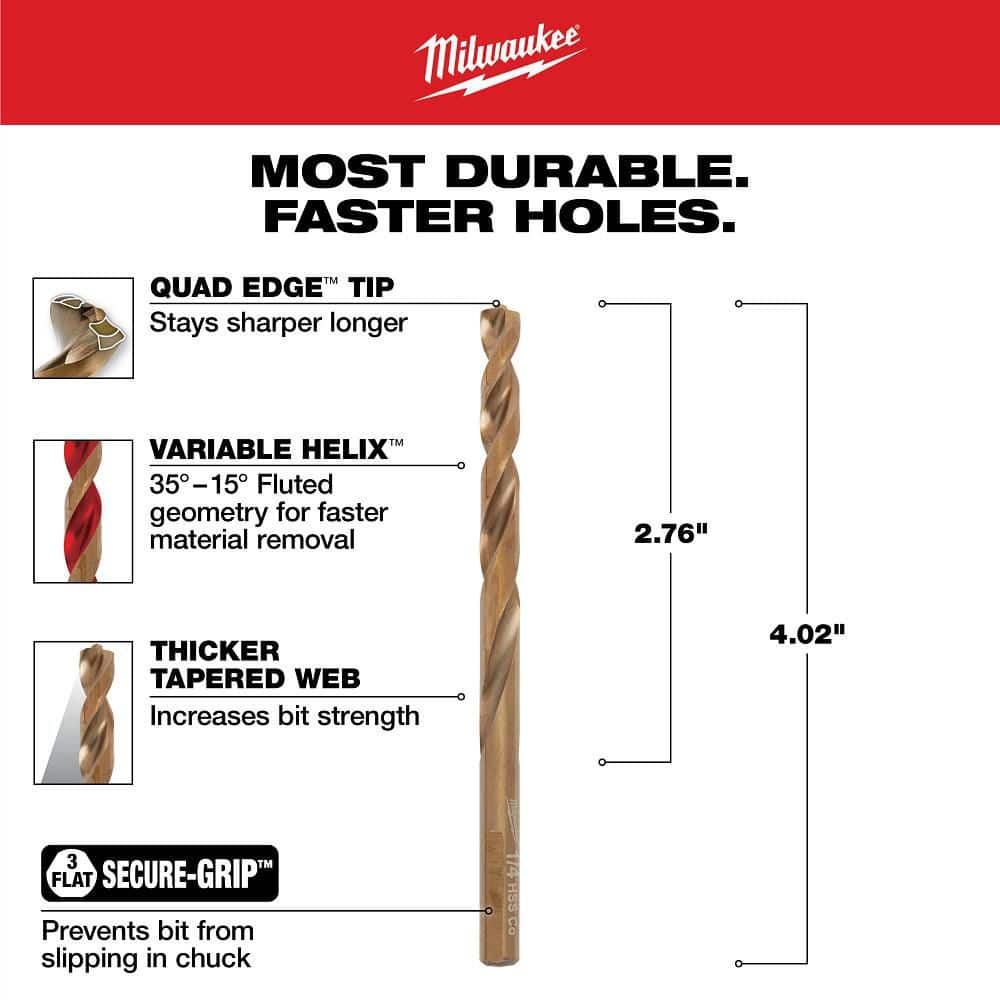 Milwaukee 1/4 in. Cobalt RED HELIX Twist Drill Bit, 4 in Length