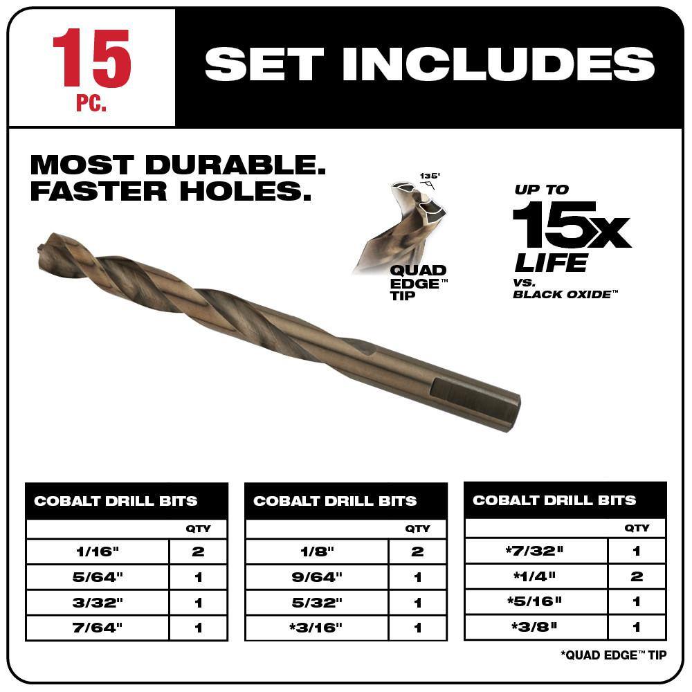 Milwaukee Cobalt RED HELIX Twist Drill Bit Set for Drill Drivers, 15-Piece (Model 48-89-2331)